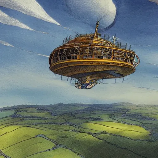 Prompt: Sky ship from the Edge Chronicles flying over the English countryside. Illustration by Chris Riddell