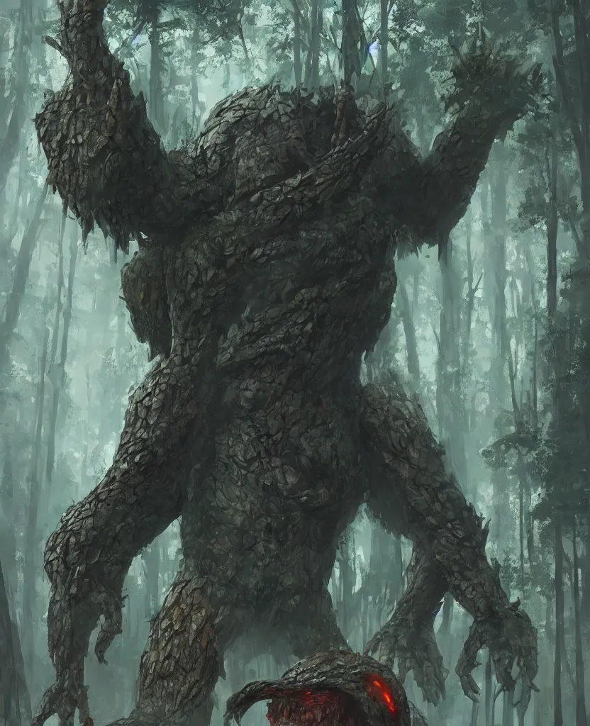 Image similar to a giant monster in the middle of a forest, concept art by max svabinsky, cgsociety contest winner, altermodern, concept art, apocalypse art, artstation hq