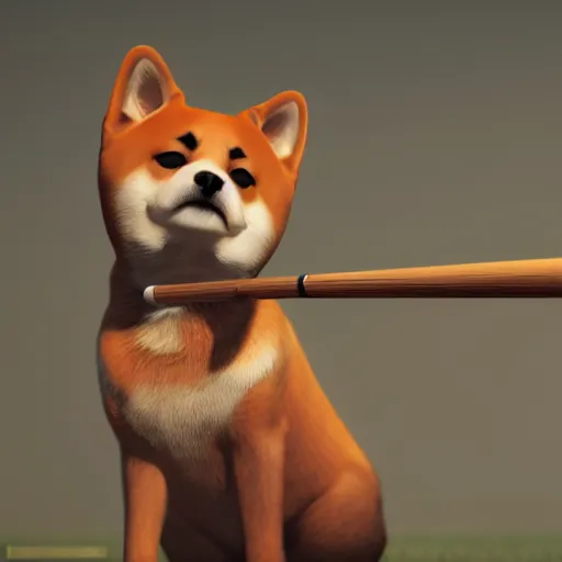 Image similar to shiba inu holding a baseball bat with his two hand trying to hit a spot, cinematic lightning, 4 k, ultra detailed, trending on artstation, masterpiece, digital art.