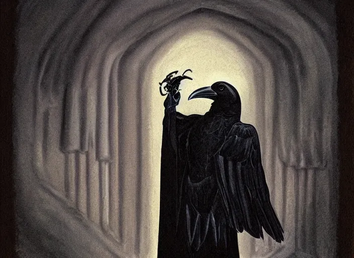 Prompt: portrait of a raven in a vantablack cloak and holding a symbolic weapon. art in the style of symbolism art style portrait hung up in a windows 9 8 castle. r / oldschoolfantasy