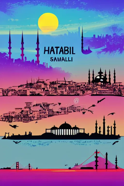 Prompt: minimalist boho style art of colorful istanbul skyline at sunrise, illustration, vector art
