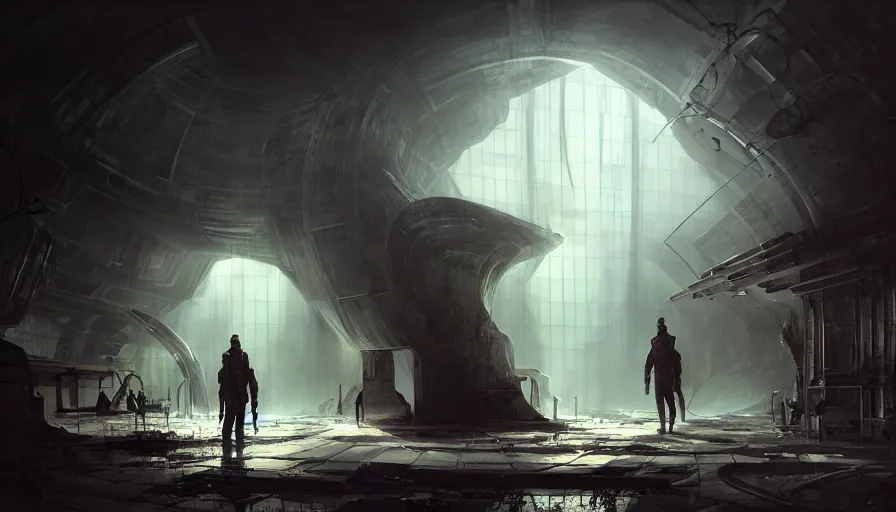 Image similar to high tech nomands exploring abandoned laboratory from the future, scifi, dark scifi, space horror, light, shadows, reflections, steam, epic composition, intricate, elegant, volumetric lighting, digital painting, highly detailed, artstation, sharp focus, illustration, concept art, ruan jia, steve mccurry