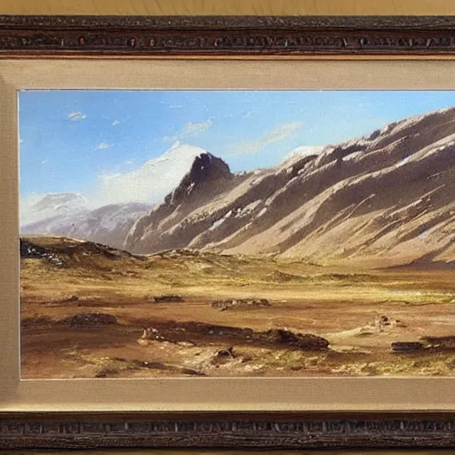 Prompt: Scottish mountains combined with desert, painting by Constable