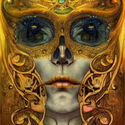 Prompt: Memento Mori by Karol Bak, Jean Deville, Gustav Klimt, and Vincent Van Gogh, beautiful visionary mystical portrait, calavera, otherworldly, fractal structures, ornate gilded medieval icon, third eye, spirals, ornate calavera by Van Gogh