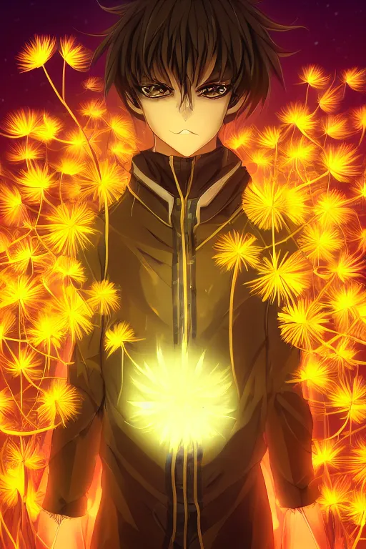 Image similar to amber glowing luminescent dandelion male anime character, symmetrical, highly detailed, digital art, sharp focus, trending on art station, amber eyes, autumnal colours