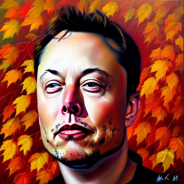 Prompt: stunning serene portrait of Elon Musk by Mark Arian, oil on canvas, masterpiece, realism, piercing gaze, autumn bokeh