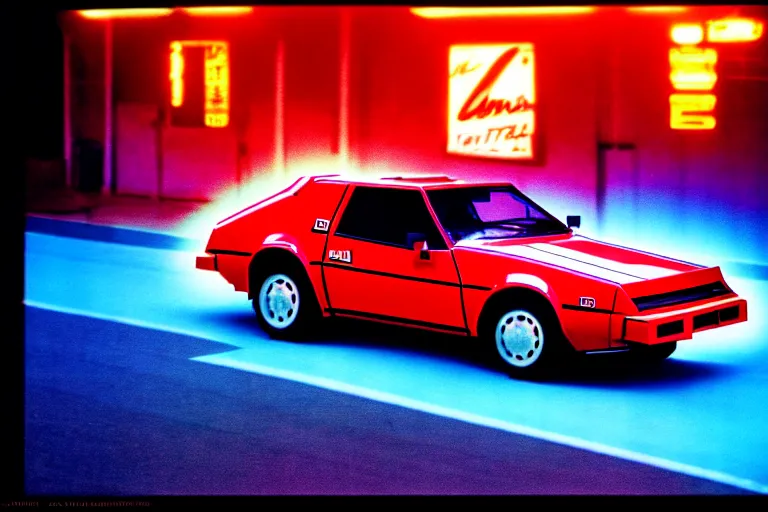 Prompt: stylized poster of a single 1 9 8 6 amc amx / 3 land cruiser, thick neon lights, ektachrome photograph, volumetric lighting, f 8 aperture, cinematic eastman 5 3 8 4 film