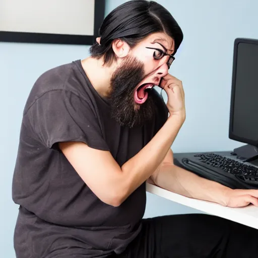 Prompt: Weeaboo screaming at the computer, male, ponytail and beard, realistic photo