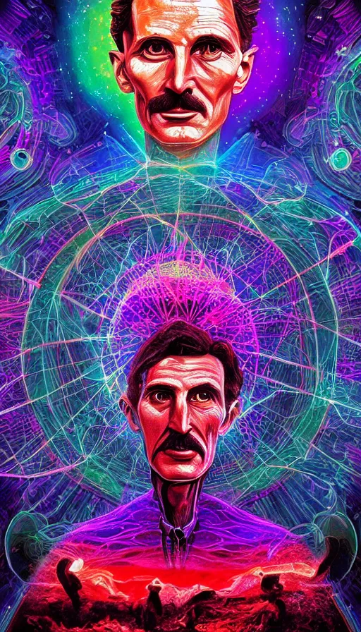 Prompt: nikola tesla, psytrance artwork, with octane, with lsd, with dmt, cosmic awakening, infinite universe