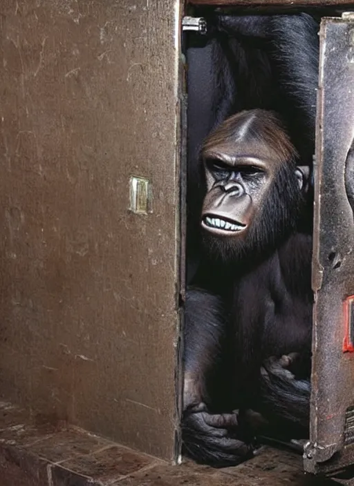 Image similar to uncanny hybrid human - ape, half human half ape inside fuse box in post communist apartment building