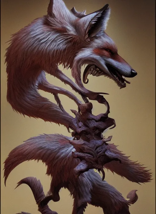 Prompt: biblic daemonic fox, dynamic pose, in thick clouds, ion glowing veins, by greg hildebrandt, studio lighting, muted colors, by terry richardson, by leonardo davinci, extreme detail, volumetric, reflective, trending on artstation, 8 k