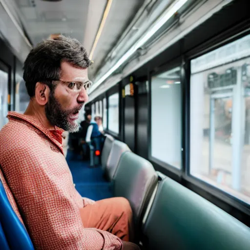 Image similar to a very confused and scared man riding a train for the first time, 8 5 mm shot