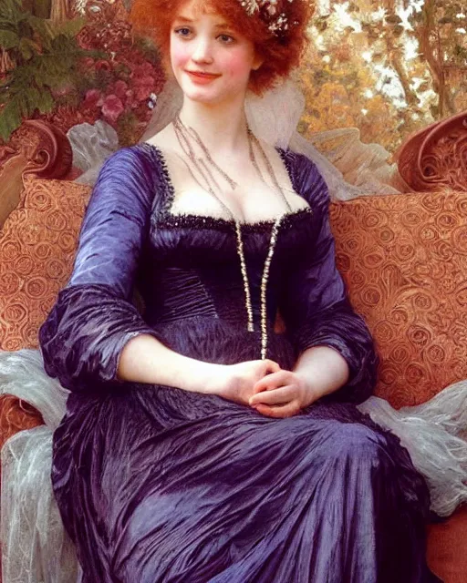 Image similar to young 1 8 - year old christina hendricks wearing an iridescent wedding dress covered in pearls, highly detailed, intricate, by bouguereau, alphonse mucha, and donato giancola