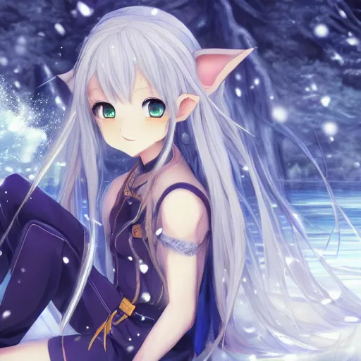 Image similar to a very beautiful anime elf girl, full body, long silver hair, sky blue eyes, full round face, short smile, casual clothes, ice snowy lake setting, cinematic lightning, medium shot, mid-shot, highly detailed, trending on Artstation, Unreal Engine 4k, cinematic wallpaper by Stanley Artgerm Lau, WLOP, Rossdraws, James Jean, Andrei Riabovitchev, Marc Simonetti, and Sakimichan