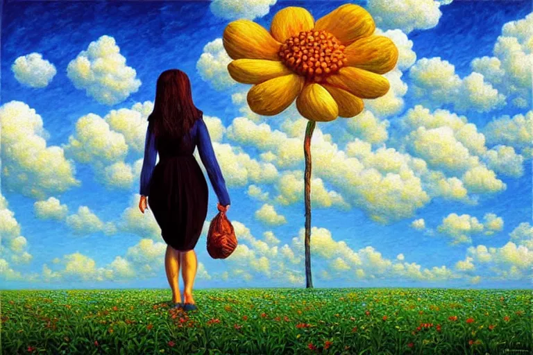 Image similar to giant flower head, woman walking, surreal, clouds in sky, impressionist painting, digital painting, artstation, rob gonsalves