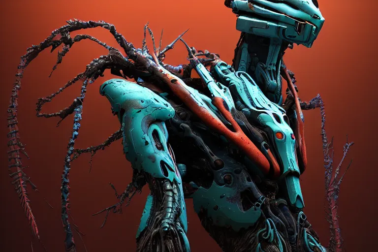 Image similar to portrait of a posed hyper detailed brown ultramarine burrower evangelion realistic mechanical and fleshy organic creature similar look as horizon forbidden west horizon zero dawn bioluminiscence in a dark deep forest at dawn in spring, with reflection and textures, by kilian eng, substance painter reaslitic mech surface metal painted scratches