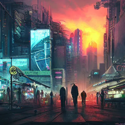 Prompt: cyberpunk city, street vendors, citizens, augmented cyborgs, robots, skyscapers, buildings, clouds, sunset, painted by seb mckinnon, high detail, digital art, trending on artstation