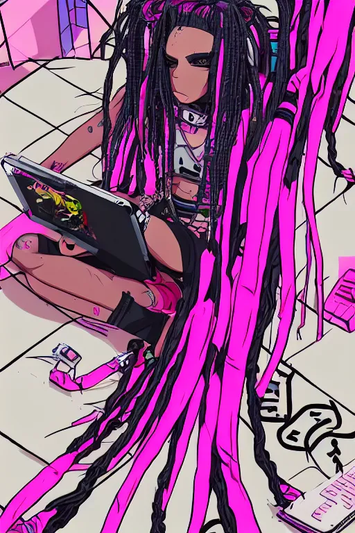 Image similar to portrait of an cybergoth girl with pink and black dreads laying on the floor of her room on ipad, manga, manga art, manga character concept art, vaporwave colors, lo - fi colors, vaporwave, lo - fi, moody vibe, goth vibe, 4 k, hd,