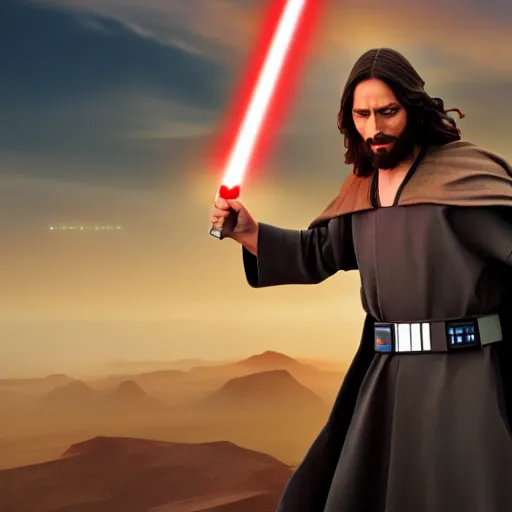 Prompt: jesus christ our lord and savior fighting the sith from star wars, 4 k, high resolution, still, landscape, hd, dslr, hyper realistic