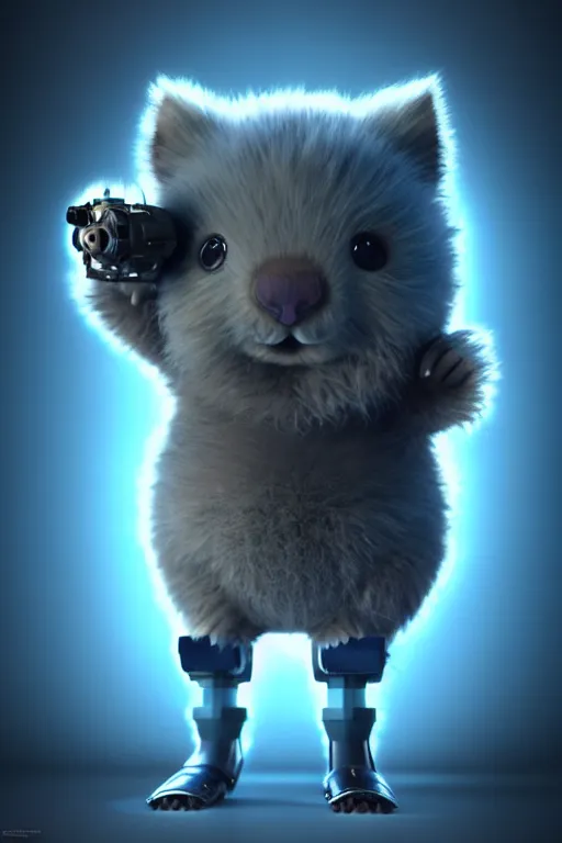 Image similar to high quality 3 d render sci - fi very cute fluffy! wombat!! cyborg soldier with futuristic mechanical legs, cyberpunk monocle!, highly detailed, unreal engine cinematic smooth, in the style of detective pikachu, hannah yata charlie immer, dark blue neon light, low angle, uhd 8 k, sharp focus