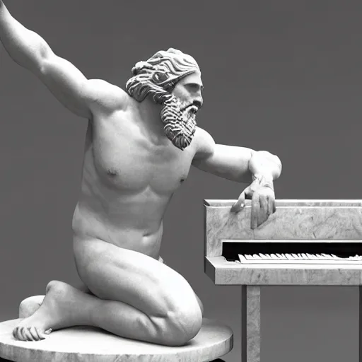 Image similar to a marble statue depicting a bearded wild man playing a modular synthesizer, 8 k, unreal engine,