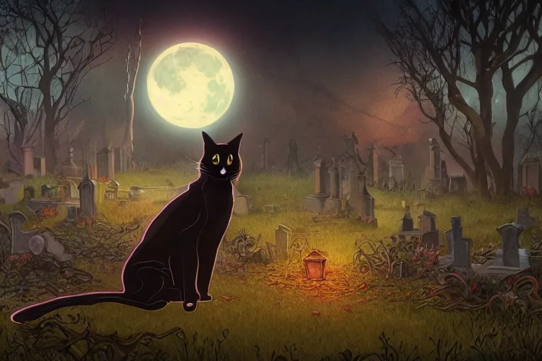 Image similar to an ultra detailed animation of a black cat in a graveyard at midnight on halloween, tattoo on shohulder, digital art, dark fantasy, concept art, soulslike, by alphonse mucha, blood moon eclipse, ruined building in the background, artstation, 8 k, unreal engine render