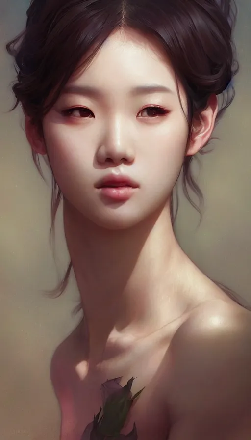 Image similar to portrait of kpop idol, dreamy and ethereal, expressive pose, fierce expression, intricate, rose tones, highly detailed, digital painting, artstation, concept art, smooth, sharp focus, illustration, art by artgerm and greg rutkowski and alphonse mucha