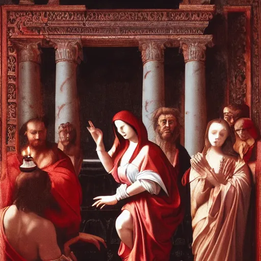 Prompt: the goddess of blood in silk robes of blood, cultists watching, red hoods, candle lights, renaissance, baroque, gothic, high detail, dark lighting, atmospheric, extremely detailed, intricate, smooth, da vinci, michelangelo, caravaggio, 8 k