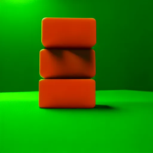 Image similar to a 3 d render of a stack of green cubes on the left and an orange ball on the right in a red room, blender, ue 5, octane render, trending on artstation