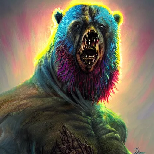 Image similar to bright, colorful, realistic, detailed from Elder Scrolls: shivering isles concept portrait monster wear-bear backlighting, kodachrome, high contrast, highly detailed, sharp focus, digital painting, concept art, illustration, trending on artstation, comic book by Alex Ross and Adam Adamowicz cover art