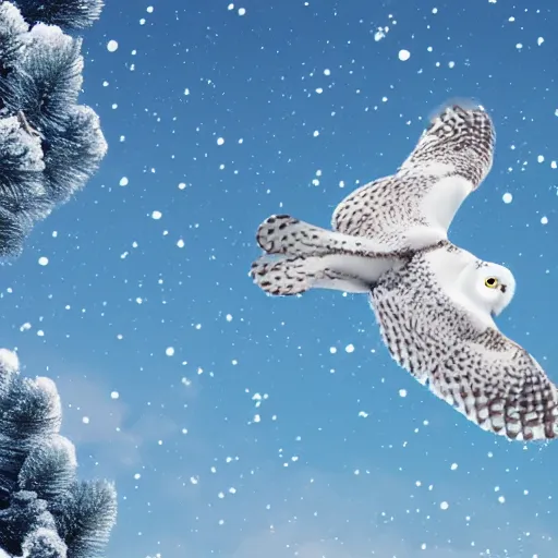 Prompt: snowy owl flying in a blue sky in a cold winter, snowfield, pine tree, little snow, cold colours, artstation, 4 k, highly detailed