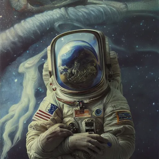 Prompt: a melancholy astronaut | highly detailed oil painting, hyperrealistic, very intrincate | cinematic lighting, award - winning | by rachel ruysch, giger, beksinski and bocklin | by austin osman spare and william blake, trending on artstation, cgsociety, official art, octane.