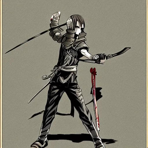 Image similar to anime fencer, male, fantasy, battlefield, sword drawn,