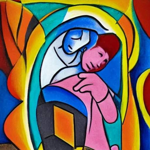 Prompt: woman hugs a child in the moonlight protecting him from the gathering storm, high quality art in the style of cubism and georgia o’keefe,