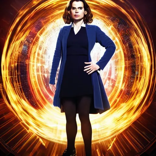 Image similar to a beautiful full body photograph of hayley atwell as'doctor who ', time vortex in the background, detailed face, symmetrical face, extreme realism and detail, 8 k, completely framed, direct lighting, 3 5 mm photo, photorealistic, sharp focus