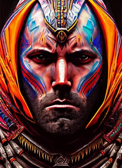 Image similar to portrait of ben affleck, hyper detailed ultra sharp aztec shaman warrior. trending on artstation, warpaint aesthetic, bloodwave, colorful, psychedelic, ornate, intricate, digital painting, concept art, smooth, sharp focus, illustration, art by artgerm and greg rutkowski and h. r. giger, 8 k