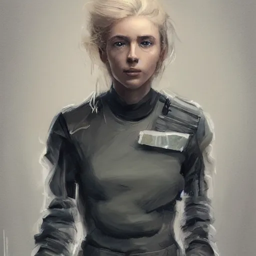 Prompt: Portrait of a woman by Greg Rutkowski, she is about 20 years old, ukrainian, blonde hair with two strands around her face, young, attractive, athletic, badass, kinda dad but friendly look, she is wearing futuristic military fatigues, highly detailed portrait, scifi, digital painting, artstation, concept art, smooth, sharp foccus ilustration, Artstation HQ