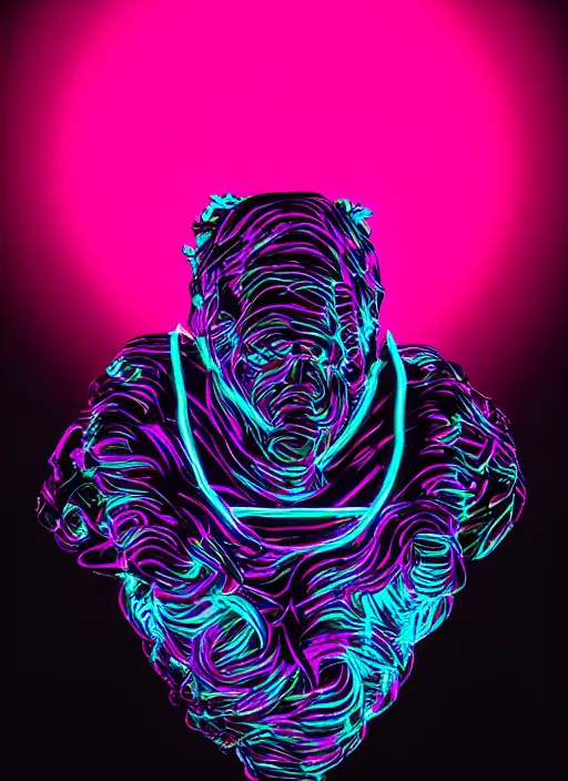 Image similar to bust of dionysus, beeple, vaporwave, retrowave, black background, neon wiring, black, glitch, strong contrast, cuts, pinterest, trending on artstation