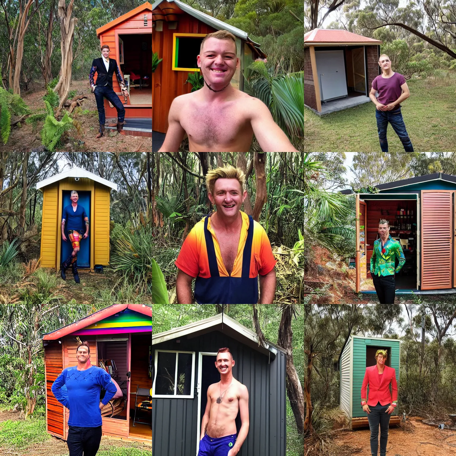 Prompt: flamboyant australian gay man, lives alone in his shed in the bush