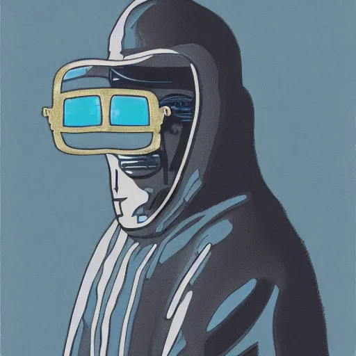 Prompt: Concept Art cyberpunk Invisible man in blue hat and Inuit glass. By Hiromasa Ogura in Gost in the Shell style, Cyan Gold blank light, Rational Painting, 8K, Golden Ratio