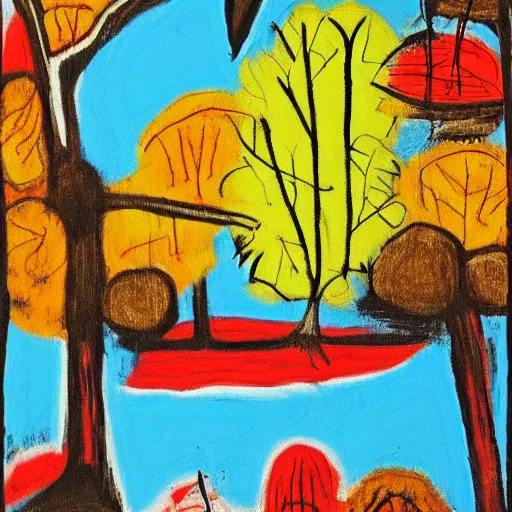 Image similar to bluejay by a river in an autumnal forest, painted by jean michel basquiat