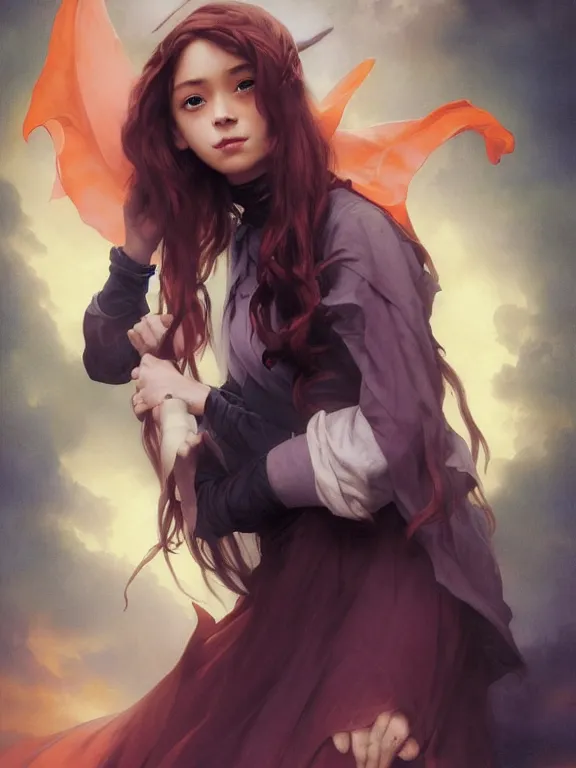 Image similar to Full shot of a mischievous young witch about to get up to some trouble. Latin American fashion. Black and Orange palette. Latina girl. brown skin. defined facial features, symmetrical facial features. By Ruan Jia and Artgerm and Range Murata and WLOP and Ross Tran and William-Adolphe Bouguereau. Key Art. Fantasy Illustration. award winning, Artstation, intricate details, realistic, Hyperdetailed, 8k resolution.