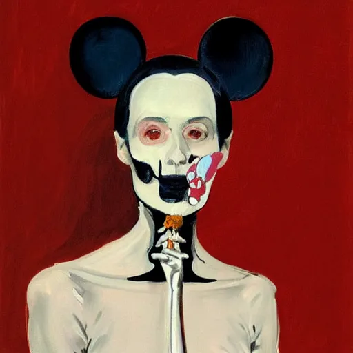 Prompt: portrait painting young woman skeleton, minnie mouse , comic book, elegant, highly detailed, painted by Singer Sargent and David Hockney