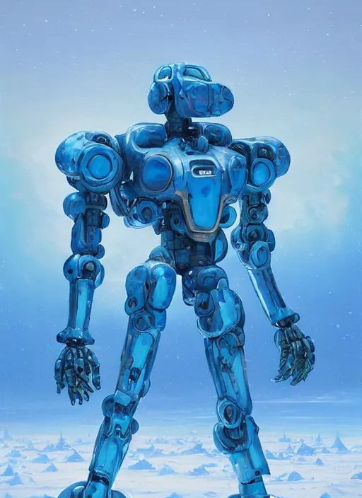 Image similar to an intricate oil painting of a giant pristine icey blue metal anime humanoid mecha with rounded components by simon stalenhag, icey tundra background