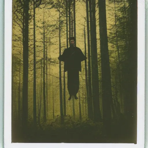 Image similar to eerie polaroid of a man floating above the forest at dusk