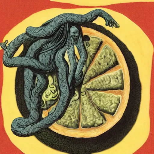 Image similar to medusa eating a large wheel of cheese, color film, photorealistic,