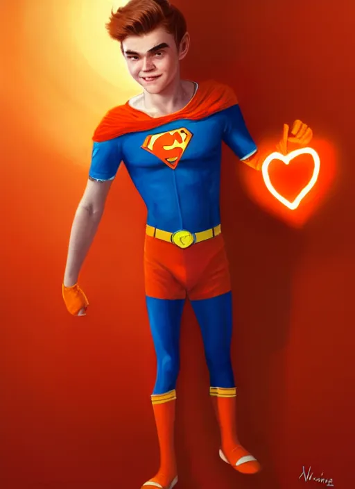 Image similar to kind teenage archie andrews wearing an orange superhero costume, freckles, superhero costume with heart emblem, cape, intricate, elegant, glowing lights, highly detailed, digital painting, artstation, sharp focus, illustration, art by wlop, mars ravelo and greg rutkowski