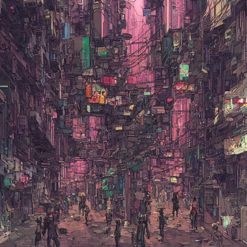 Prompt: a cyberpunk hong kong alley with robots and humans walking around by moebius