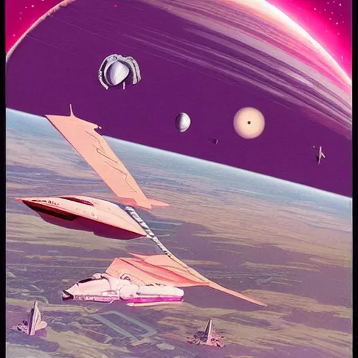 Prompt: barbie's gorgeous pink spaceship reaches ganymede. dramatic lights, hyper detailed high definition masterpiece by chesley bonestell