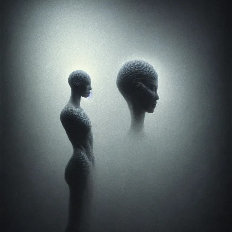 Image similar to portrait of ribbed alien wearing white ribbed vr headset, by beksinski, soft bloom lucid dream - like ethereal dark atmosphere, baroque portrait painting, perfect composition, intricate detailed octane render trending on artstation, 8 k artistic photography, volumetric cinematic perfect light, chiaroscuro, masterpiece, raphael, caravaggio, rutkowski, beeple, bosch